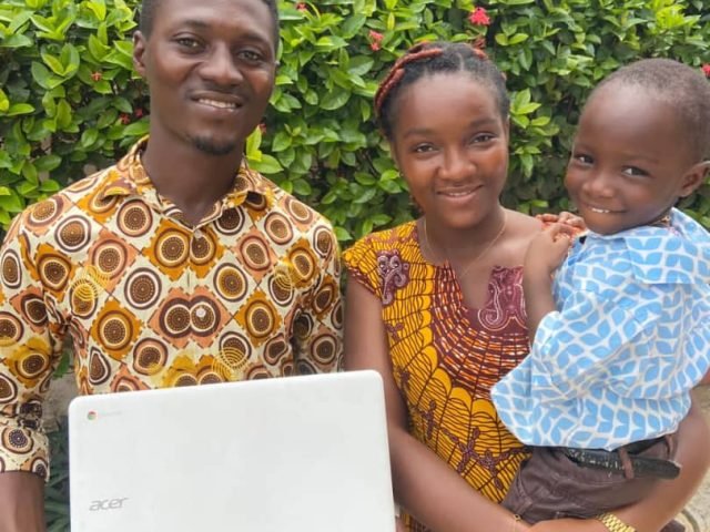 SREF laptop handoff — a beneficiary family